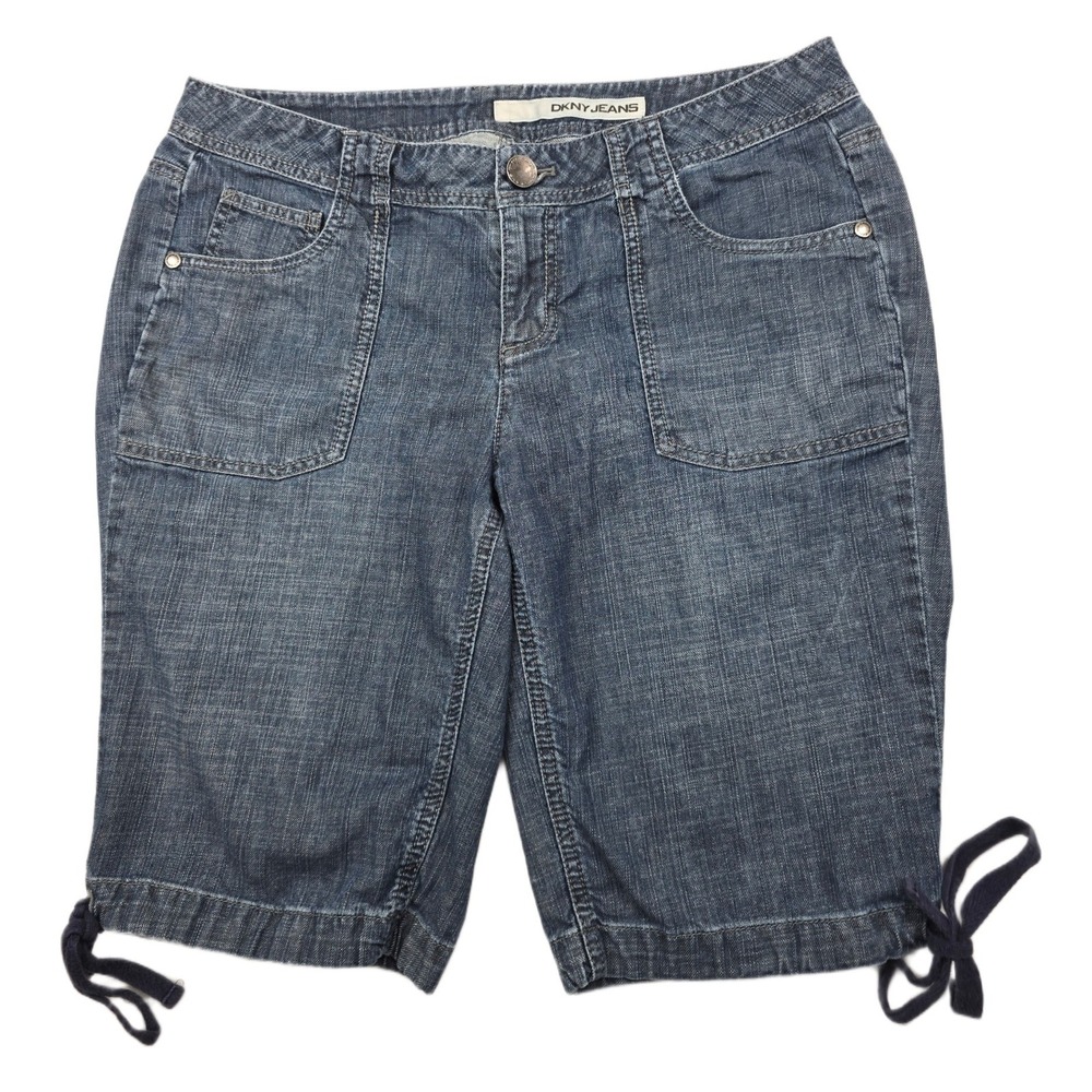 DKNY Jeans Denim Shorts Womens 10 Blue Jean Cotton Tie Hem Casual Bermuda